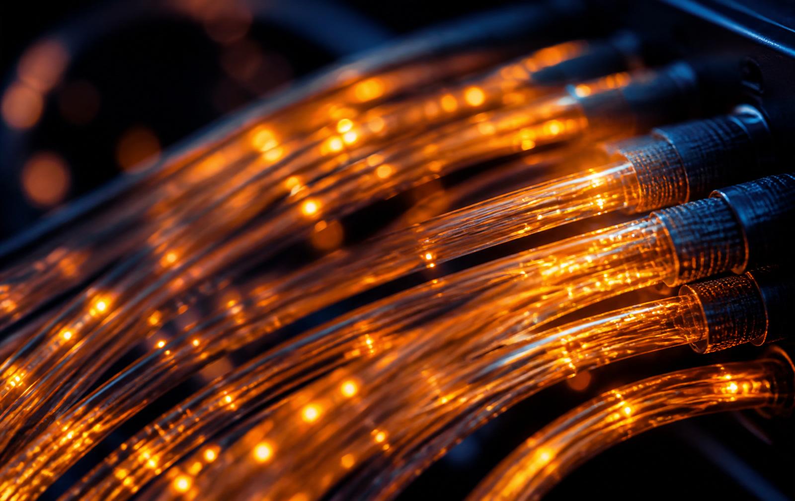 Glowing fiber optic strands carrying light